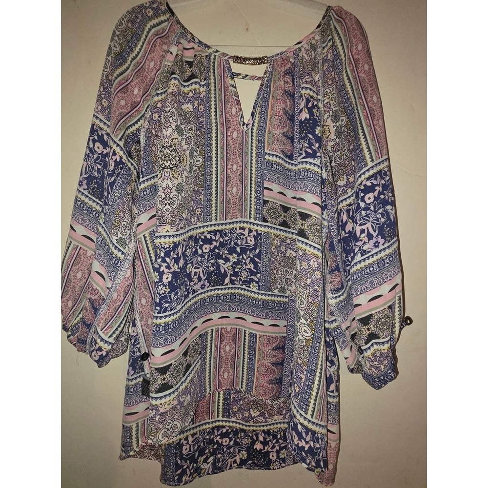 Cathy Daniels Boho Patchwork Print Tunic Blouse Embellished Neckline Blue Pink L